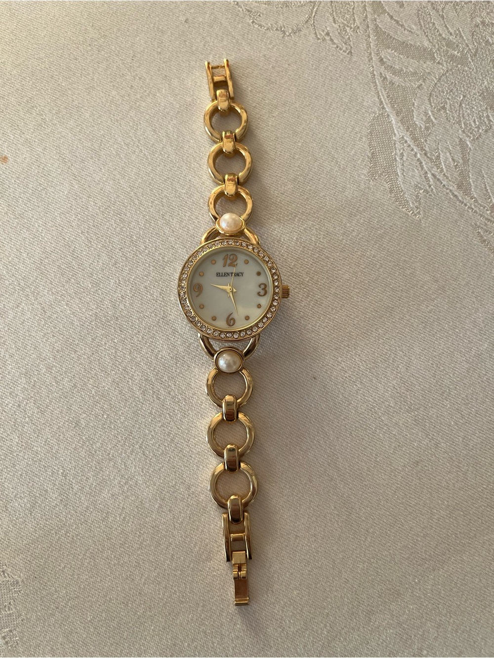 Ellen Tracy Gold-Tone Pearl Accent Bracelet Watch